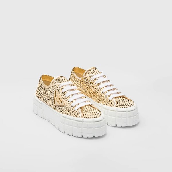 Satin and leather sneakers with crystals