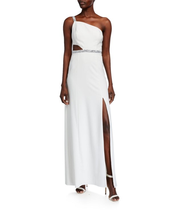 Beaded-Trim One-Shoulder Crepe Gown