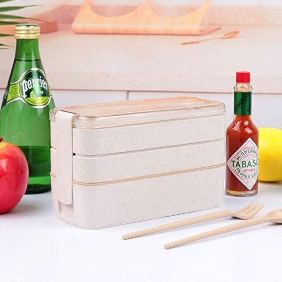 Bento Box Japanese Lunch Box,3-In-1 Compartment - Wheat Straw, Leakproof Eco-Friendly Bento Lunch Box Meal Prep Containers for Kids & Adults (Beige)