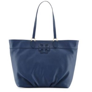 Tory Burch Leather Stacked-T Logo Tote Bag, Starless Night @ Neiman Marcus
