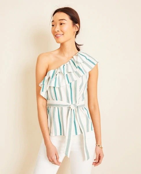 Striped Ruffle One Shoulder Top | Ann Taylor