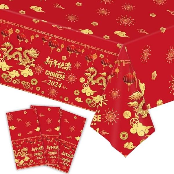 2024 Chinese New Year Tablecloth Decorations, 3 Pcs Year of The Dragon Plastic Disposable Table Cloth Chinese Decor, Lunar New Year Party Supplies Decorations, 108” x 54”