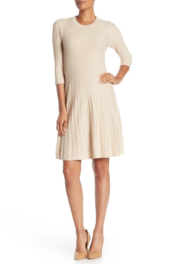 Pleated Fit & Flare Sweater Dress