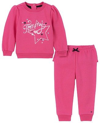 Baby Girls Logo Stars Fleece Ruffle Trim Sweatsuit Top and Joggers, 2 Piece Set