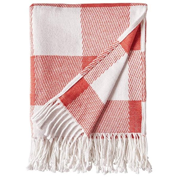 100% Cotton Buffalo Check Throw Blanket, 50" x 60", Ivory and Red