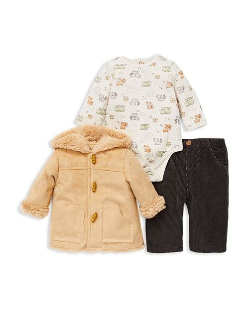 Boys' Sherpa Coat, Woodland Animals Bodysuit & Corduroy Pants Set - Baby