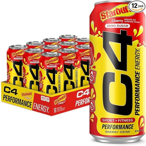 C4 Energy Drink, Starburst Cherry, Carbonated Sugar Free Pre Workout Performance Drink with no Artificial Colors or Dyes, 16 Oz