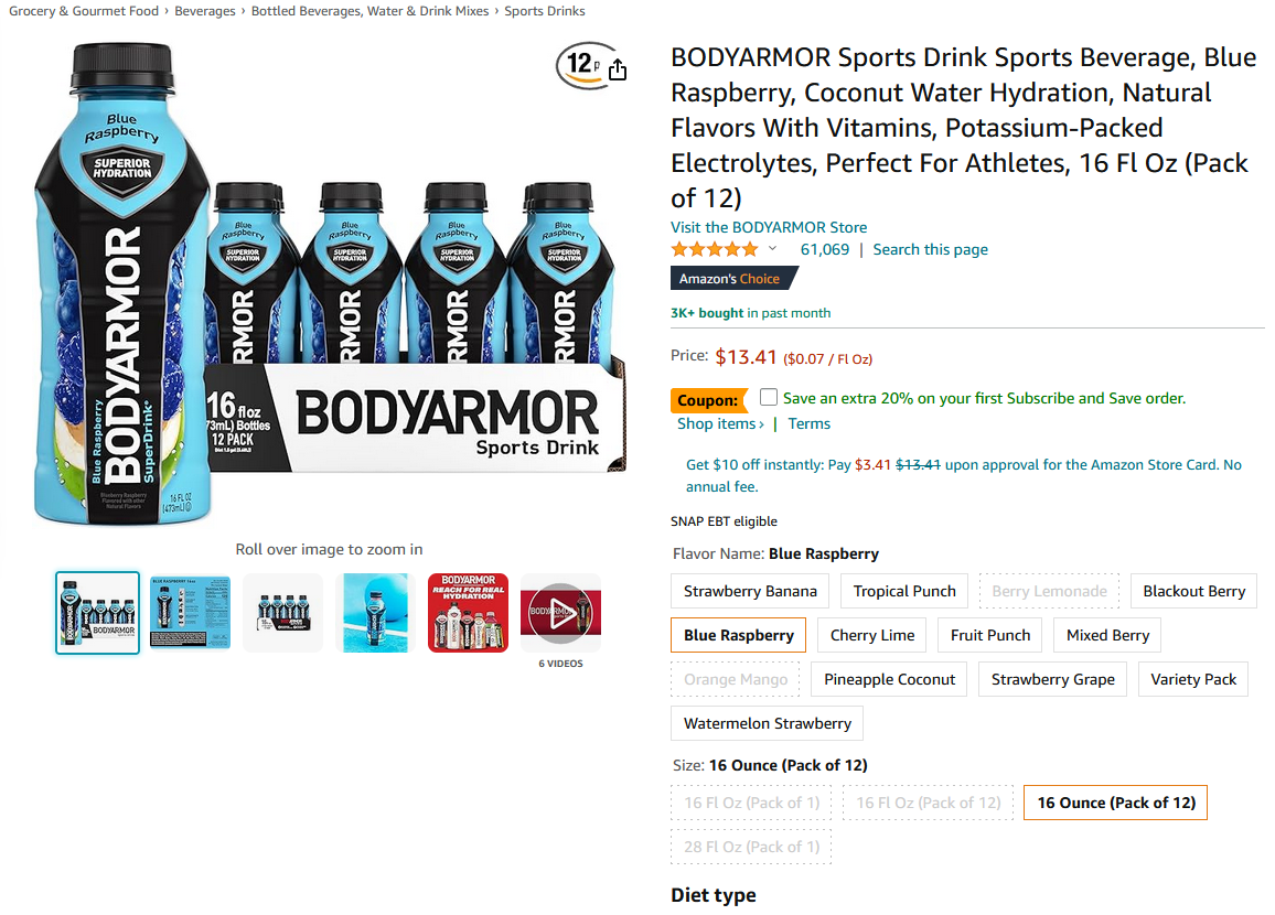 Amazon.com : BODYARMOR Sports Drink Sports Beverage, Blue Raspberry, Coconut Water Hydration