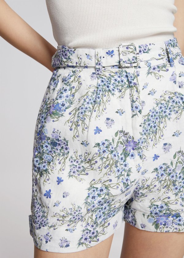 Printed Belted Linen Shorts
