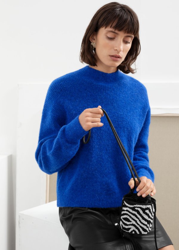 Ribbed Mock Neck Wool Blend Sweater