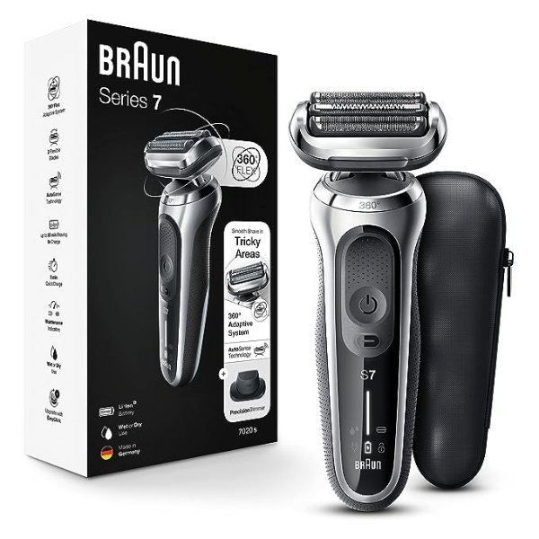 Series 7 7020s Flex Electric Razor for Men with Precision Trimmer, Wet & Dry, Rechargeable, Cordless Foil Shaver, Silver