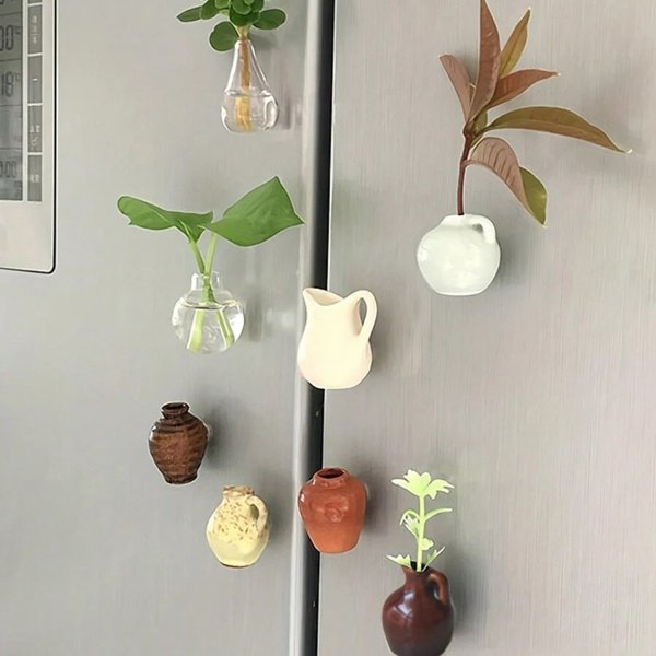 8pcs Mini Ceramics Vase Fridge Magnet Porcelain Vase Refrigerator Magnet Message Sticker Flowers Green Plant Kitchen Gift Home Decor