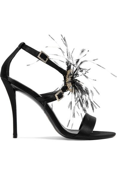 Sin feather and crystal-embellished satin sandals