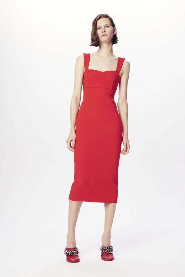 Bra-Detail Cami Midi Dress in Bright Red