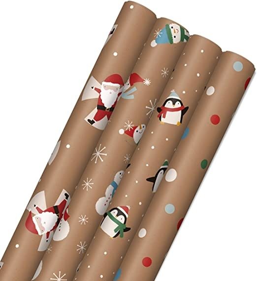 Kraft Christmas Wrapping Paper for Kids with Cut Lines on Reverse (4 Rolls: 88 sq. ft. ttl) Penguins, Santa, Snowmen, Polka Dots