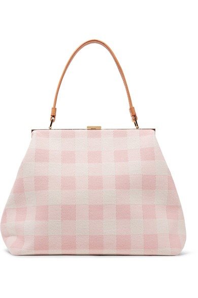 Elegant leather-trimmed checked cotton-canvas tote