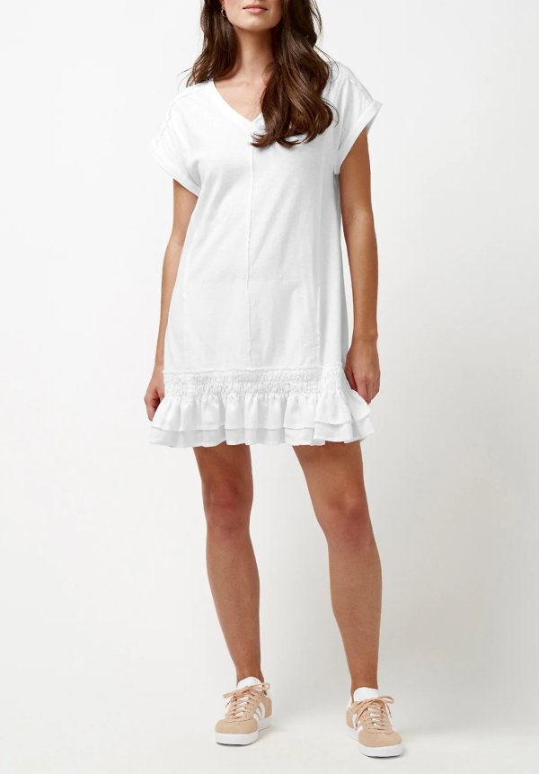 Halee Women's Ruffle Pocket Dress in White - KD0715P