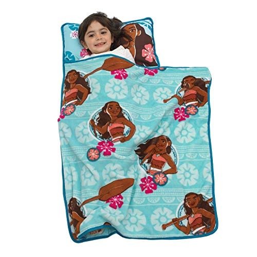 Moana Toddler Nap Mat with Attached Pillow and Blanket, Aqua, Pink, White