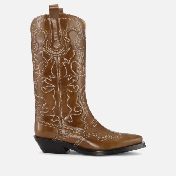 Mid-Rise Embroidered Leather Western Boots