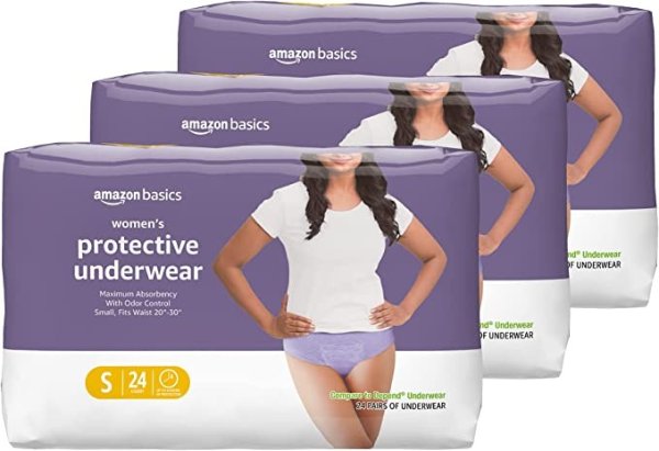 Amazon Basics Incontinence & Postpartum Underwear for Women, Maximum Absorbency, Small, 72 Count, 3 Packs of 24 (Previously Solimo)