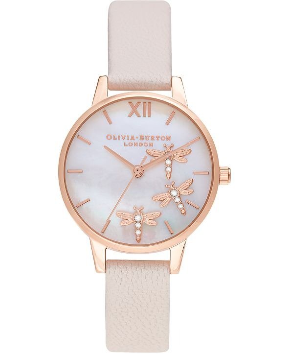Women's Dancing Dragonfly Pearl Pink Leather Strap Watch 30mm
