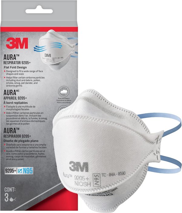 Aura Particulate Respirator 9205+ N95, Lightweight, Three Panel Designed Respirator Helps Provide Comfortable And Convenient Respiratory Protection, 3-Pack