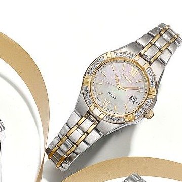 Watch, Women's Solar Diamond Accent Two Tone Stainless Steel Bracelet 27mm SUT068