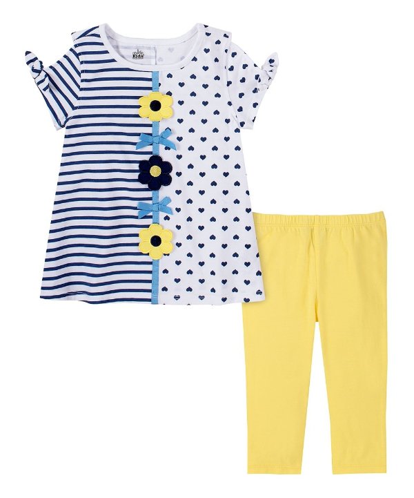 Blue & Yellow Split Print Tie-sleeve Top & Yellow Leggings - Infant, Toddler & Girls