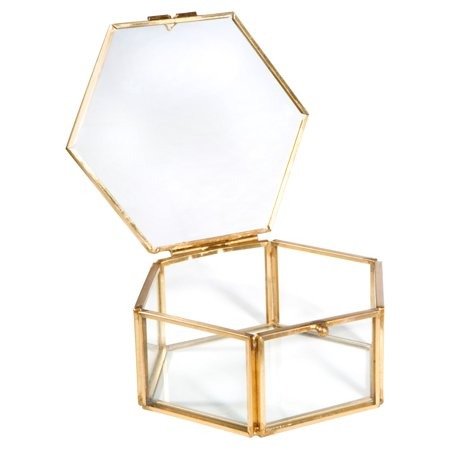 Vintage- Copper-Medium Hexagon W. Top Lid Glass Brass Metal Jewelry Box 4.7X4.3X1.9 Inch