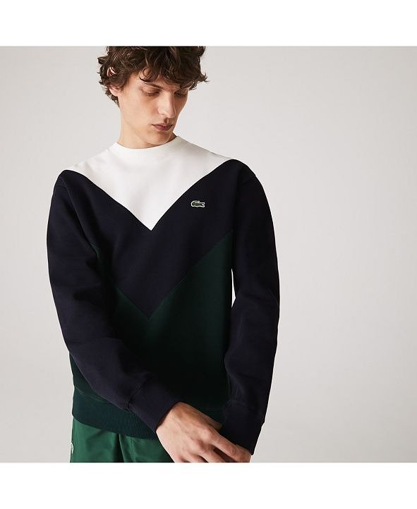 Men's Regular Fit Long Sleeve Crew Neck Fleece Pique Sweatshirt with V-shaped Colorblocking