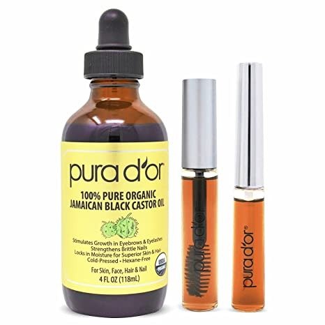 D'OR Organic Jamaican Black Castor Oil (4oz + 2 BONUS Pre-Filled Eyelash & Eyebrow Brushes) 100% Pure, Cold Pressed, Hexane Free Growth Serum For Fuller Lashes & Brows, Moisturizes, Cleanses Skin