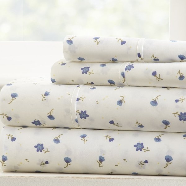 The Home Spun Premium Ultra Soft Floral Pattern 4-Piece Queen Bed Sheet Set - Light Blue