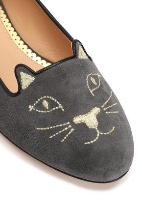 CHARLOTTE OLYMPIA Kitty Embroidered Suede Slippers @ THE OUTNET