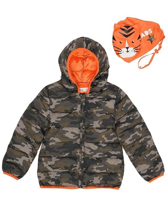 Little Boys Camo Hooded Full Zip Packable Jacket with Tiger Matching Bag