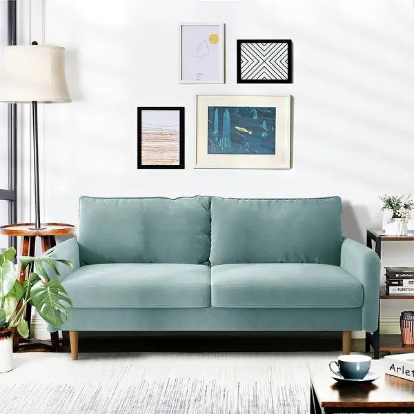 WANSE 72"W Round Arms Velvet Sofa, Solid Wood Frame, Easy Assembly - Light Grayish Cyan