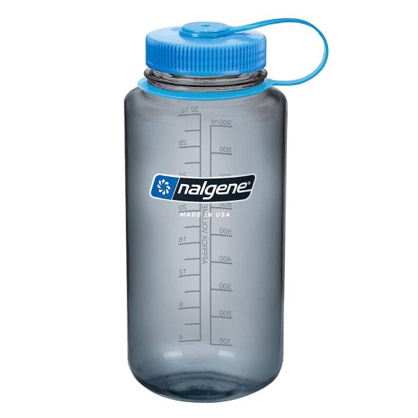 Tritan Wide Mouth BPA-Free Water Bottle, Gray/Blue Lid, 1 Quart