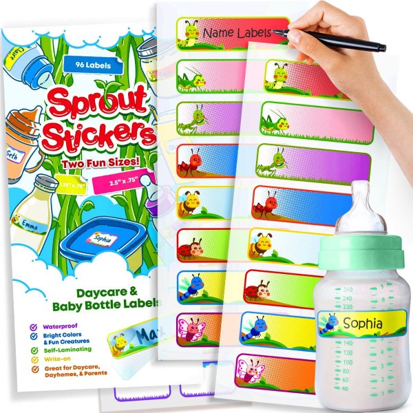 Sprout Stickers Baby Bottle Labels for Kids and Babies - 96 Daycare Labels
