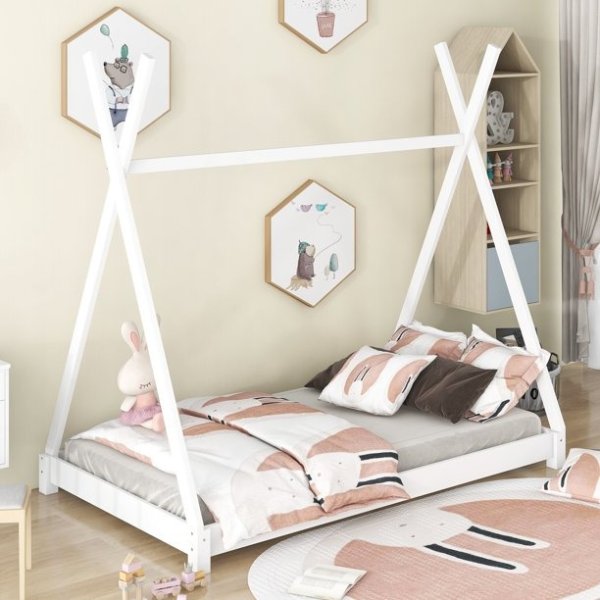 EUROCO Wood x-Shaped Twin Size Bed for Kids, White
