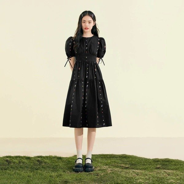 Black Full Seal Vintage Embroidered Midi Dress