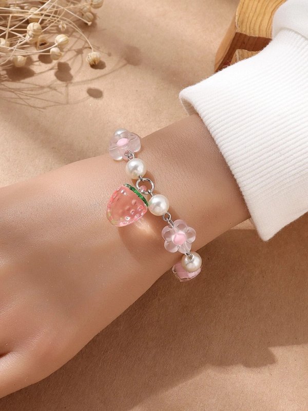 Flower & Faux Pearl Decor Strawberry Charm Bracelet