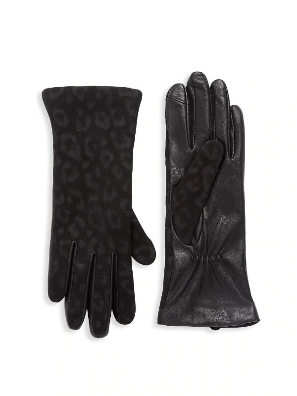 Tonal Leopard-Print Cashmere Gloves