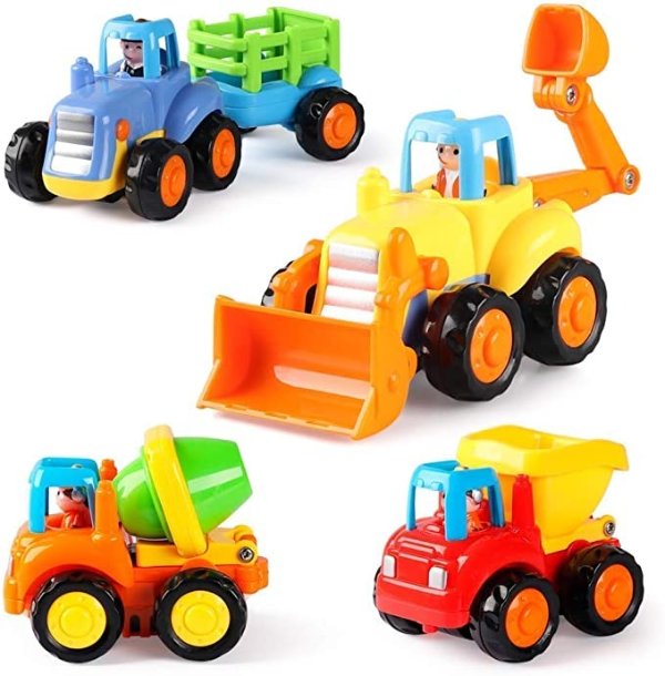 4 Pack Friction Powered Cars Construction Vehicles Toy Set Cartoon Push and Go Car Tractor, Bulldozer, Cement Mixer Truck, Dumper for Year Old Boy Girl Kid Gift
