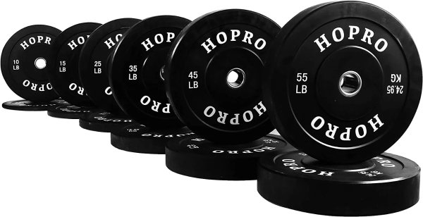 HOPRO Olympic Bumper Plate Weight Plate with Steel Hub, Black, 370 lbs Set