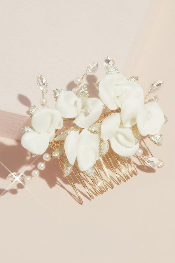 Fabric Petal Floral Comb with Crystals and Pearls