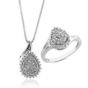 Sterling Silver Diamond Accented Pear Shape Necklace and Ring Set