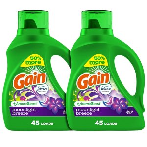 Gain + Aroma Boost Liquid Laundry Detergent, Moonlight Breeze Scent, 45 Loads, 65 fl oz, Pack of 2, HE Compatible