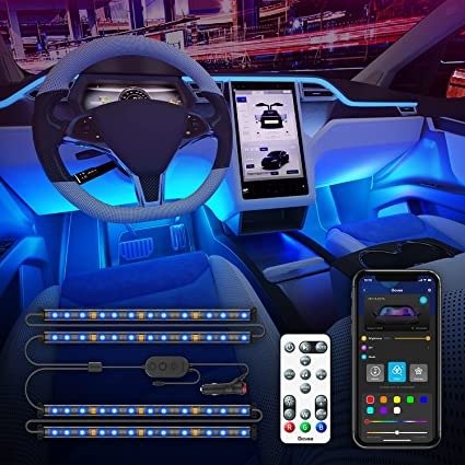 Interior Car Lights with APP Control and Remote Control, 16 Million Colors Music Sync Car LED Lights, 7 Scene Modes, 2 Lines Design RGB Under Dash Car Lighting with Car Charger, DC 12V