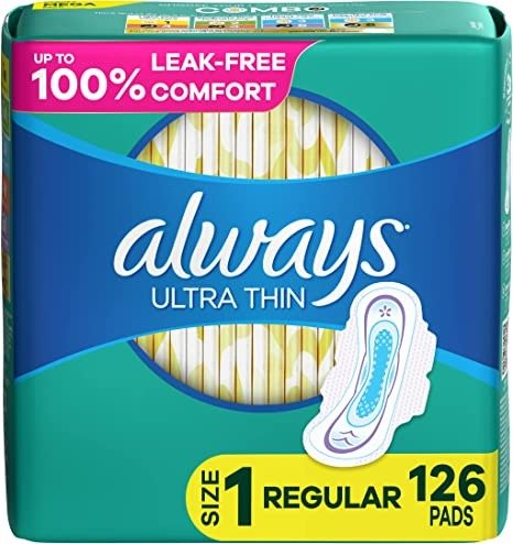 Ultra Thin Daytime Pads with Wings, Size 1, Regular, Unscented, 42 Counts (3 Pack), Package May Vary