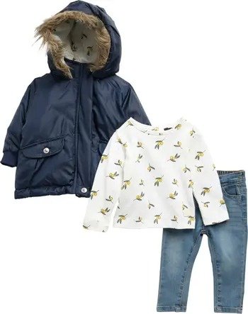 Kids' 3-Piece Faux Fur Trimmed Jacket, T-shirt, & Denim Pants Set