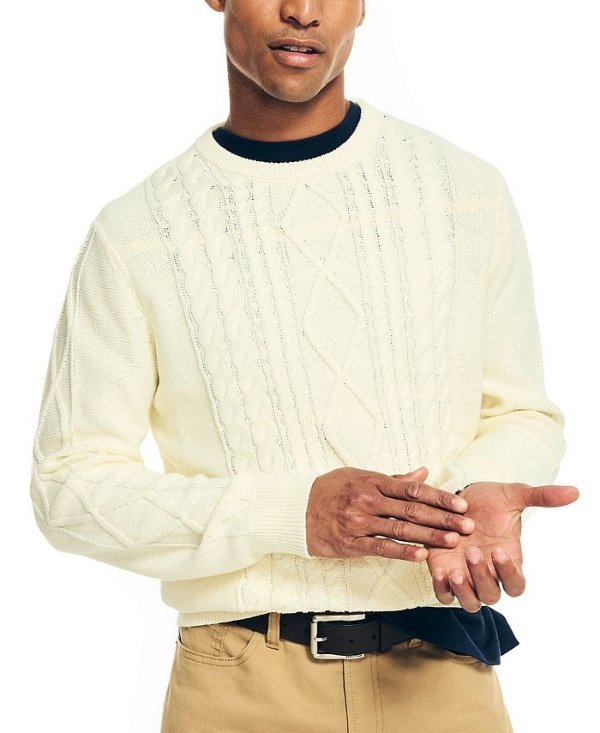 Men's Classic-Fit Crew Neck Cotton Cable-Knit Sweater